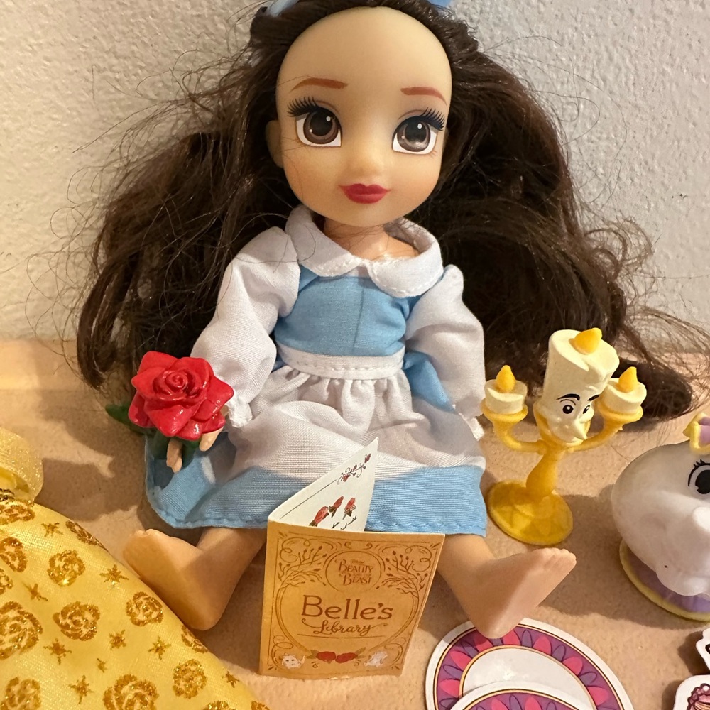 Disney Belle Doll in Blue and White with Red Rose And Many Accessories